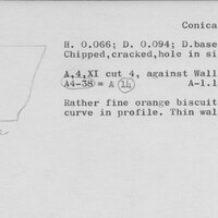 Index card with typed and handwritten information, sometimes including a sketch, of pottery from an excavation.