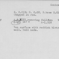 Index card with typed and handwritten information, sometimes including a sketch, of pottery from an excavation.