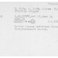 Index card with typed and handwritten information, sometimes including a sketch, of pottery from an excavation.