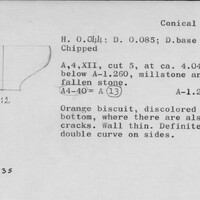 Index card with typed and handwritten information, sometimes including a sketch, of pottery from an excavation.