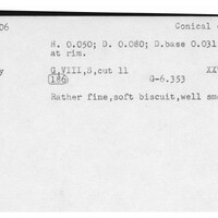 Index card with typed and handwritten information, sometimes including a sketch, of pottery from an excavation.