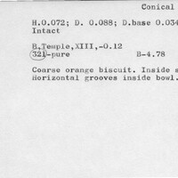 Index card with typed and handwritten information, sometimes including a sketch, of pottery from an excavation.