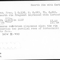 Index card with typed and handwritten information, sometimes including a sketch, of pottery from an excavation.