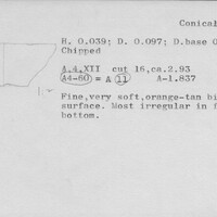Index card with typed and handwritten information, sometimes including a sketch, of pottery from an excavation.