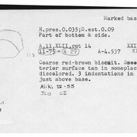 Index card with typed and handwritten information, sometimes including a sketch, of pottery from an excavation.