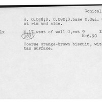 Index card with typed and handwritten information, sometimes including a sketch, of pottery from an excavation.