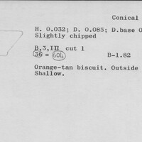 Index card with typed and handwritten information, sometimes including a sketch, of pottery from an excavation.