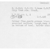 Index card with typed and handwritten information, sometimes including a sketch, of pottery from an excavation.
