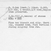 Index card with typed and handwritten information, sometimes including a sketch, of pottery from an excavation.