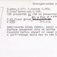 Index card with typed and handwritten information, sometimes including a sketch, of pottery from an excavation.