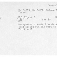 Index card with typed and handwritten information, sometimes including a sketch, of pottery from an excavation.