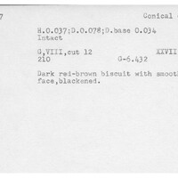 Index card with typed and handwritten information, sometimes including a sketch, of pottery from an excavation.