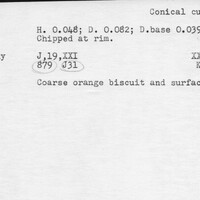 Index card with typed and handwritten information, sometimes including a sketch, of pottery from an excavation.