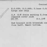 Index card with typed and handwritten information, sometimes including a sketch, of pottery from an excavation.
