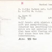 Index card with typed and handwritten information, sometimes including a sketch, of pottery from an excavation.
