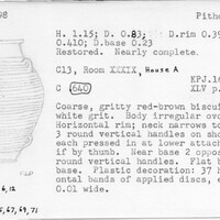 Index card with typed and handwritten information, sometimes including a sketch, of pottery from an excavation.