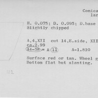 Index card with typed and handwritten information, sometimes including a sketch, of pottery from an excavation.