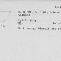 Index card with typed and handwritten information, sometimes including a sketch, of pottery from an excavation.