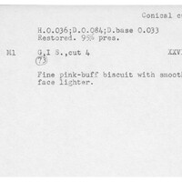 Index card with typed and handwritten information, sometimes including a sketch, of pottery from an excavation.