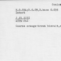 Index card with typed and handwritten information, sometimes including a sketch, of pottery from an excavation.