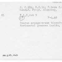 Index card with typed and handwritten information, sometimes including a sketch, of pottery from an excavation.