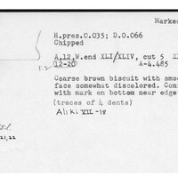 Index card with typed and handwritten information, sometimes including a sketch, of pottery from an excavation.