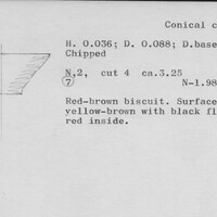 Index card with typed and handwritten information, sometimes including a sketch, of pottery from an excavation.