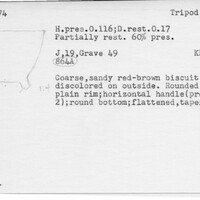 Index card with typed and handwritten information, sometimes including a sketch, of pottery from an excavation.