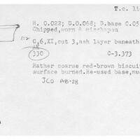 Index card with typed and handwritten information, sometimes including a sketch, of pottery from an excavation.