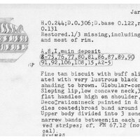 Index card with typed and handwritten information, sometimes including a sketch, of pottery from an excavation.