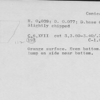 Index card with typed and handwritten information, sometimes including a sketch, of pottery from an excavation.