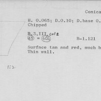 Index card with typed and handwritten information, sometimes including a sketch, of pottery from an excavation.