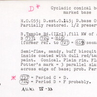 Index card with typed and handwritten information, sometimes including a sketch, of pottery from an excavation.