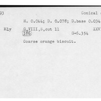 Index card with typed and handwritten information, sometimes including a sketch, of pottery from an excavation.