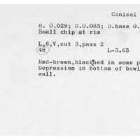 Index card with typed and handwritten information, sometimes including a sketch, of pottery from an excavation.