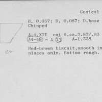 Index card with typed and handwritten information, sometimes including a sketch, of pottery from an excavation.