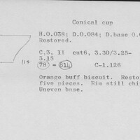 Index card with typed and handwritten information, sometimes including a sketch, of pottery from an excavation.