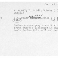 Index card with typed and handwritten information, sometimes including a sketch, of pottery from an excavation.