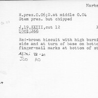 Index card with typed and handwritten information, sometimes including a sketch, of pottery from an excavation.