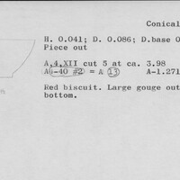 Index card with typed and handwritten information, sometimes including a sketch, of pottery from an excavation.