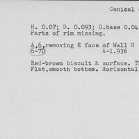 Index card with typed and handwritten information, sometimes including a sketch, of pottery from an excavation.