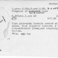 Index card with typed and handwritten information, sometimes including a sketch, of pottery from an excavation.