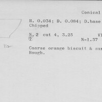 Index card with typed and handwritten information, sometimes including a sketch, of pottery from an excavation.