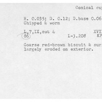 Index card with typed and handwritten information, sometimes including a sketch, of pottery from an excavation.