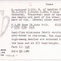Index card with typed and handwritten information, sometimes including a sketch, of pottery from an excavation.