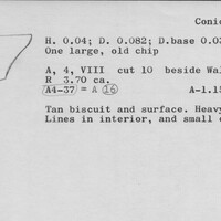 Index card with typed and handwritten information, sometimes including a sketch, of pottery from an excavation.