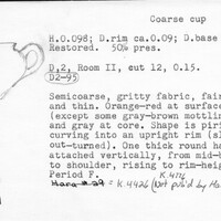 Index card with typed and handwritten information, sometimes including a sketch, of pottery from an excavation.