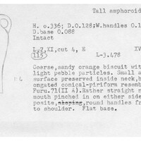 Index card with typed and handwritten information, sometimes including a sketch, of pottery from an excavation.