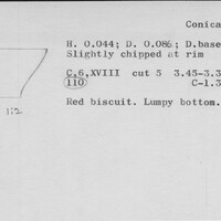 Index card with typed and handwritten information, sometimes including a sketch, of pottery from an excavation.