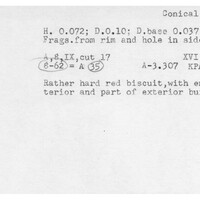 Index card with typed and handwritten information, sometimes including a sketch, of pottery from an excavation.
